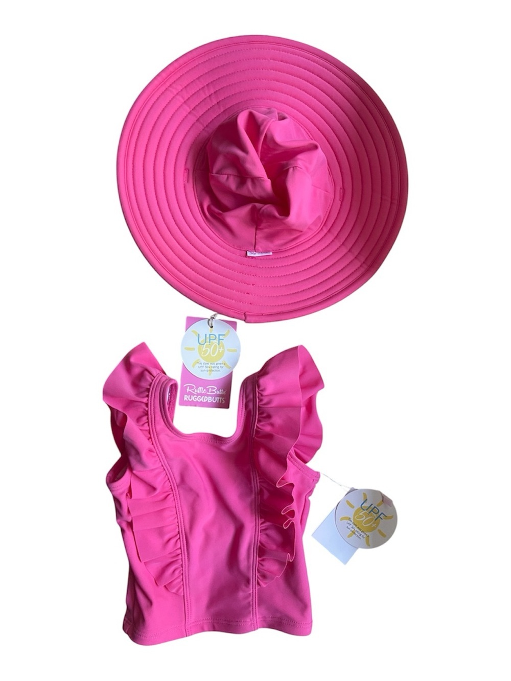 Ruffle Butts Hot Pink UPF 50+ Swim Tank & Wide Brim Hat Set 6-12M NEW Vacation